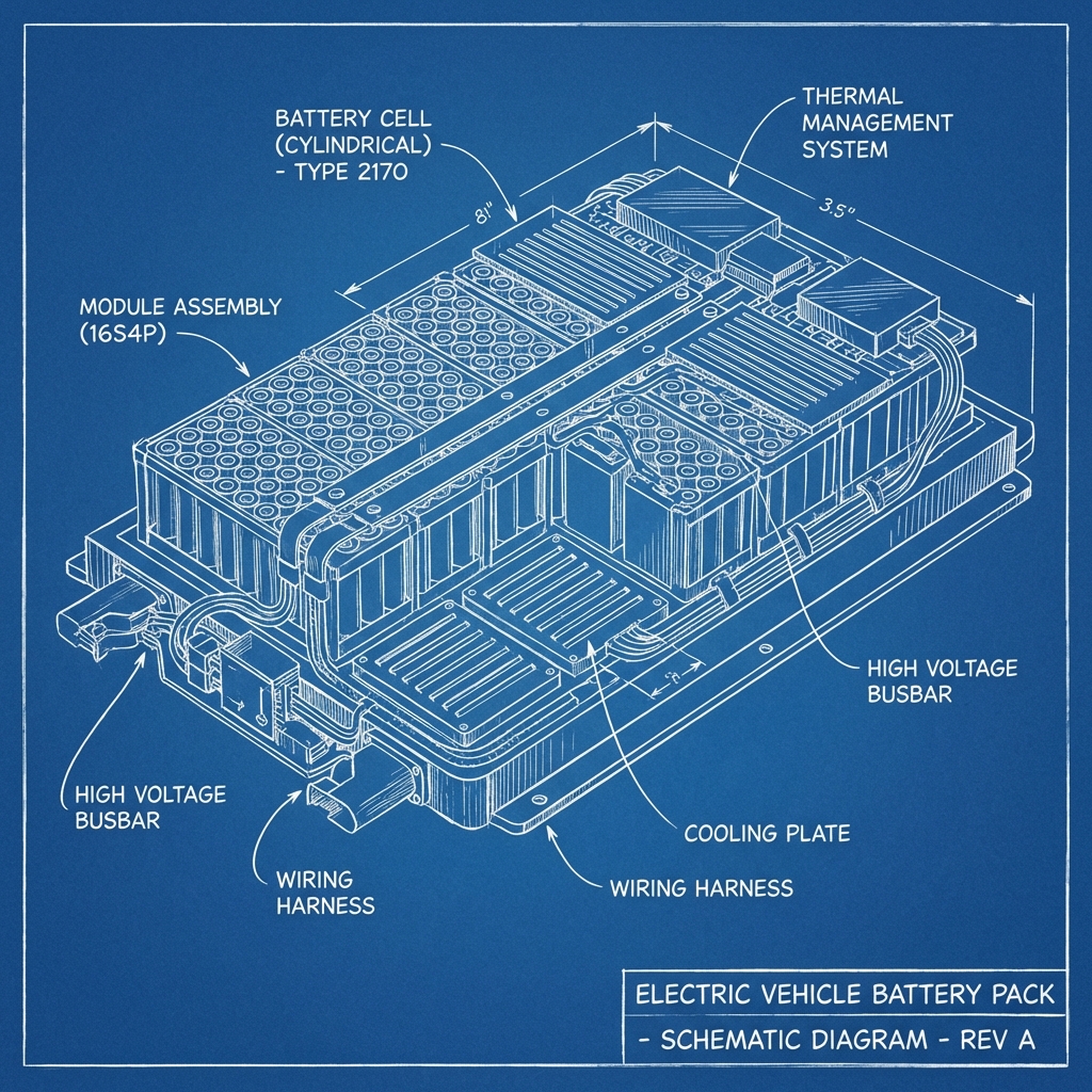 Tesla Model Y Onboard Charger Failure technical blueprint illustration for Las Vegas repair service - detailed component schematic with orange accent highlights