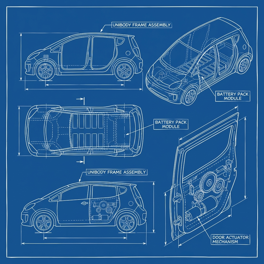 Tesla Model Y Windshield Replacement and Calibration technical blueprint illustration for Las Vegas repair service - detailed component schematic with orange accent highlights