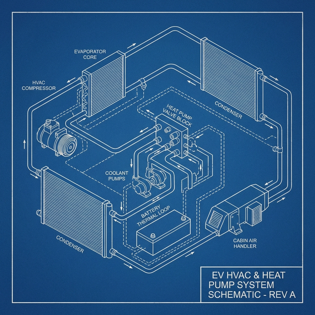 Tesla Model 3 Supermanifold and Octovalve Failure technical blueprint illustration for Las Vegas repair service - detailed component schematic with orange accent highlights