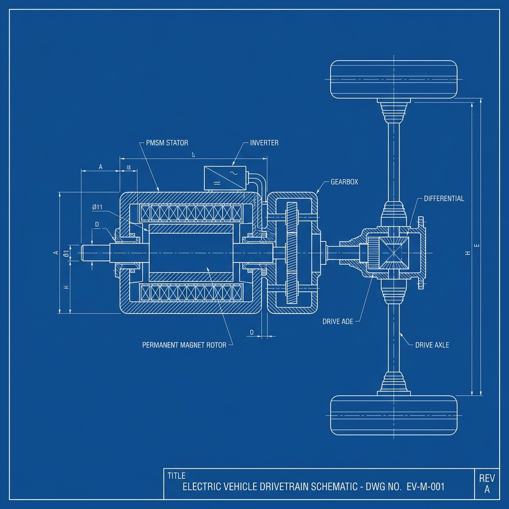 Tesla Model S Drive Unit and Electric Motor Failure technical blueprint illustration for Los Angeles repair service - detailed component schematic with orange accent highlights