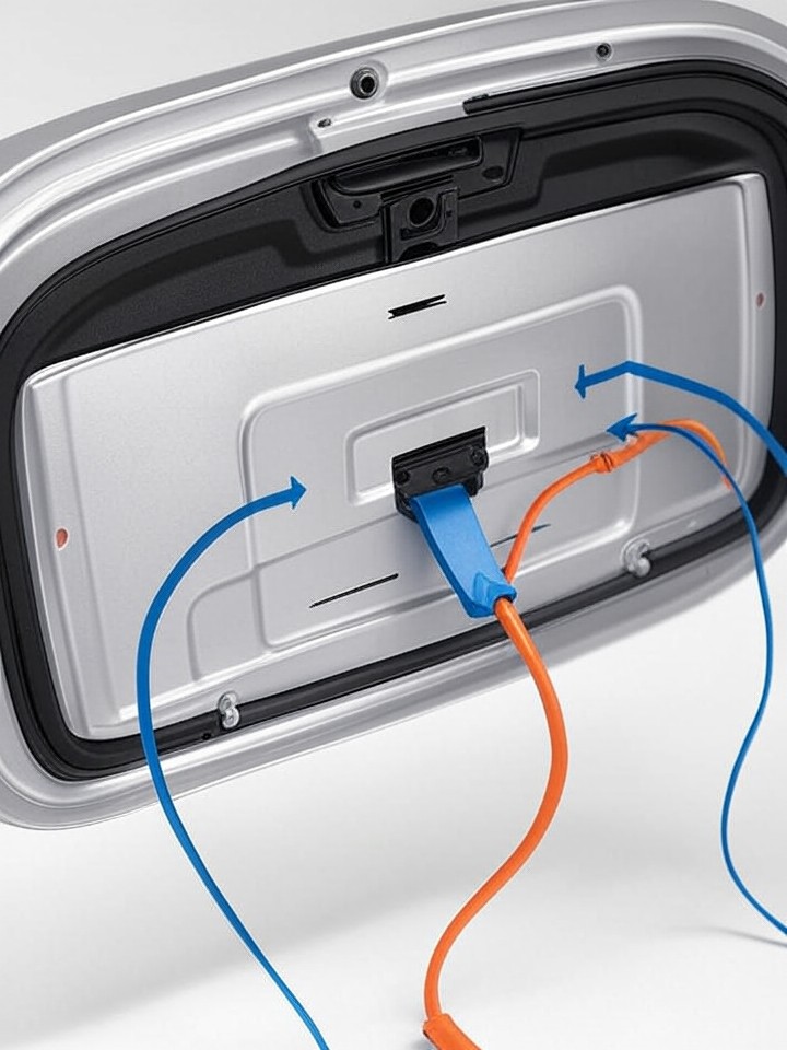 Ford Mustang Mach-E Charging Port Latch Repair technical blueprint illustration for Las Vegas repair service - detailed component schematic with orange accent highlights