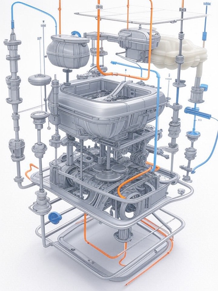 Ford Mustang Mach-E Coolant Pump Leaks technical blueprint illustration for Las Vegas repair service - detailed component schematic with orange accent highlights