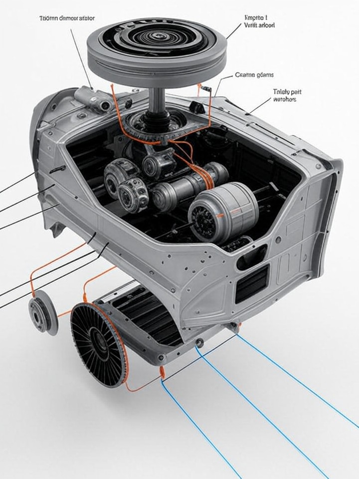 Ford Mustang Mach-E Drive Unit and Electric Motor Failure technical blueprint illustration for Las Vegas repair service - detailed component schematic with orange accent highlights