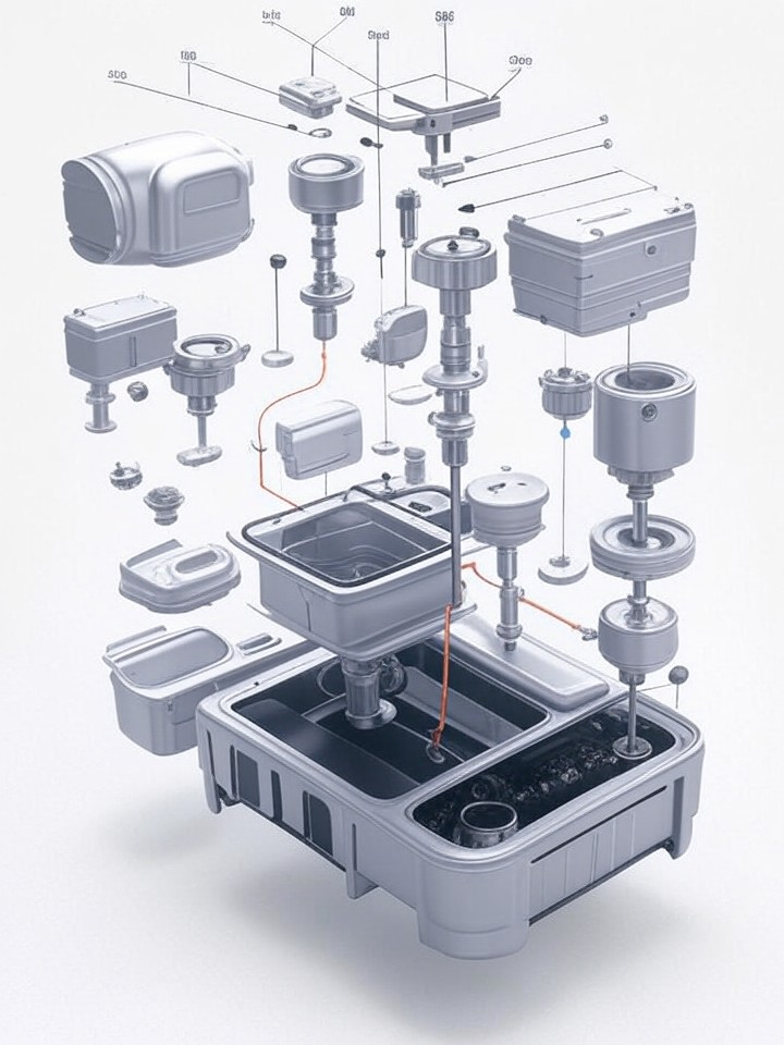 Ford Mustang Mach-E Heat Pump and AC Compressor Failure technical blueprint illustration for Las Vegas repair service - detailed component schematic with orange accent highlights