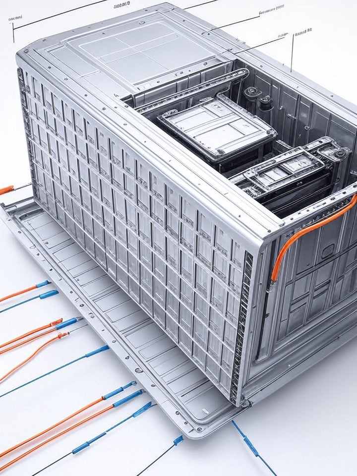 Ford Mustang Mach-E High Voltage Battery Replacement technical blueprint illustration for Las Vegas repair service - detailed component schematic with orange accent highlights