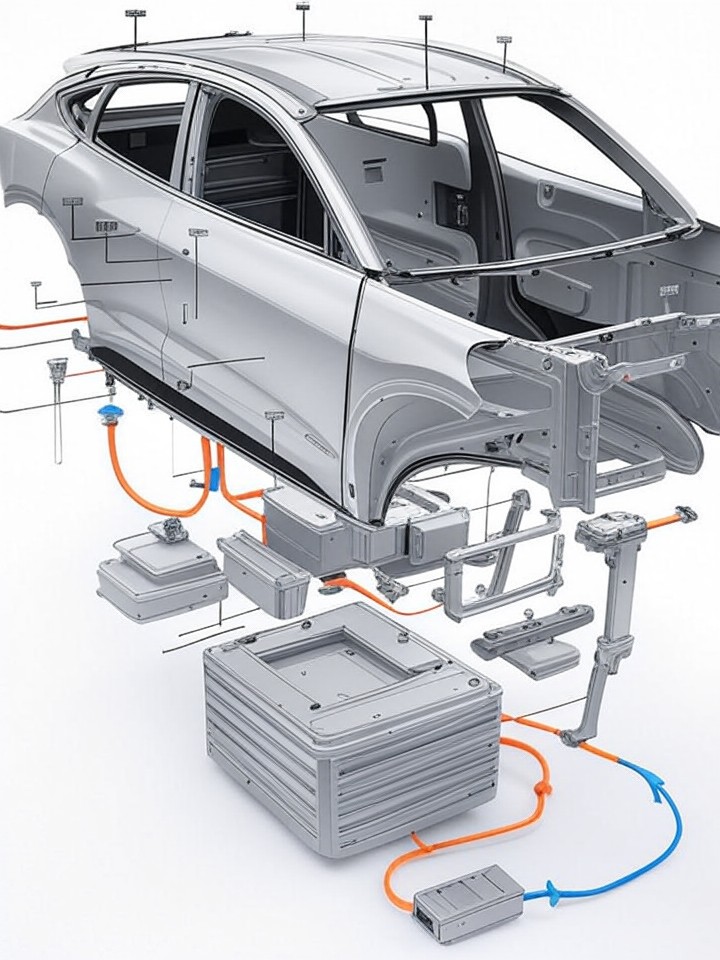 Ford Mustang Mach-E Inverter Assembly Failure technical blueprint illustration for Las Vegas repair service - detailed component schematic with orange accent highlights