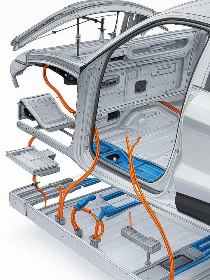 Ford Mustang Mach-E Onboard Charger Failure technical blueprint illustration for Las Vegas repair service - detailed component schematic with orange accent highlights
