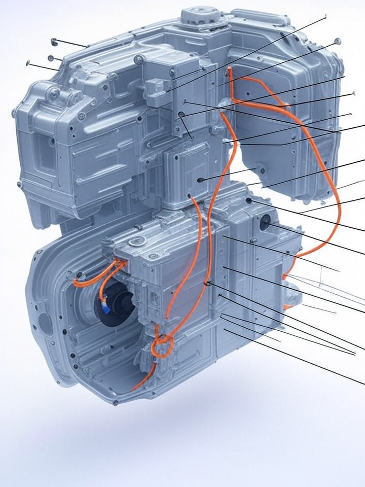 Ford Mustang Mach-E Reduction Gearbox Noise Repair technical blueprint illustration for Las Vegas repair service - detailed component schematic with orange accent highlights