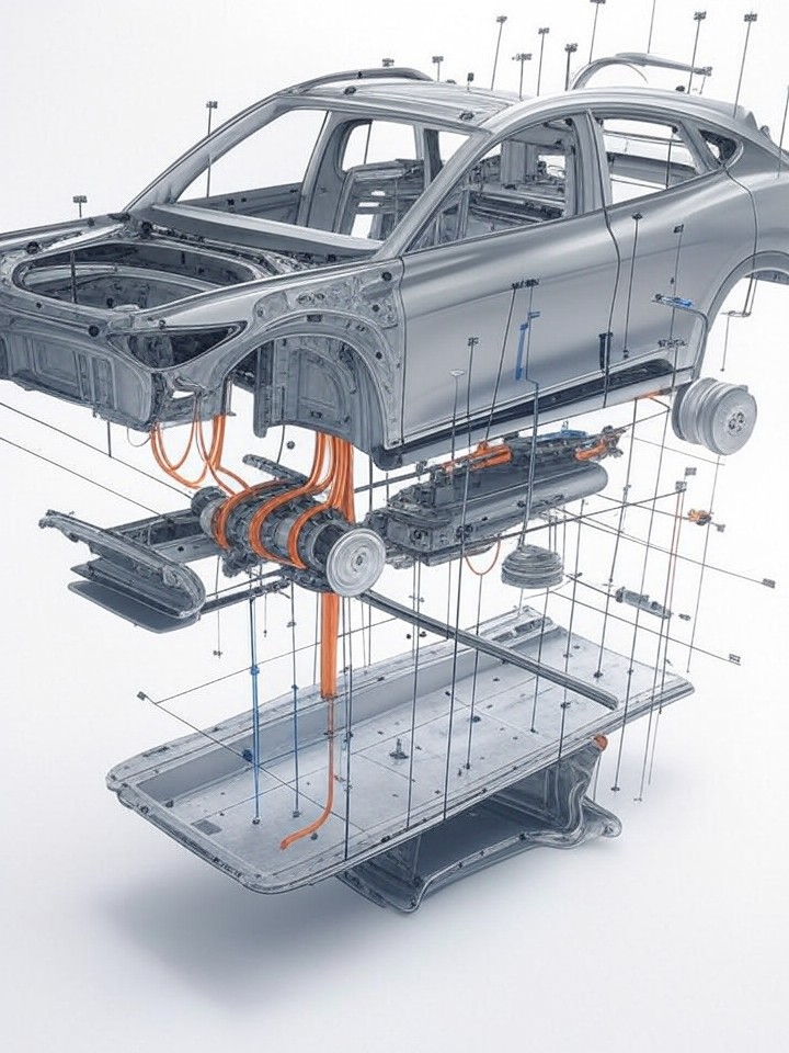 Ford Mustang Mach-E Supermanifold and Octovalve Failure technical blueprint illustration for Las Vegas repair service - detailed component schematic with orange accent highlights