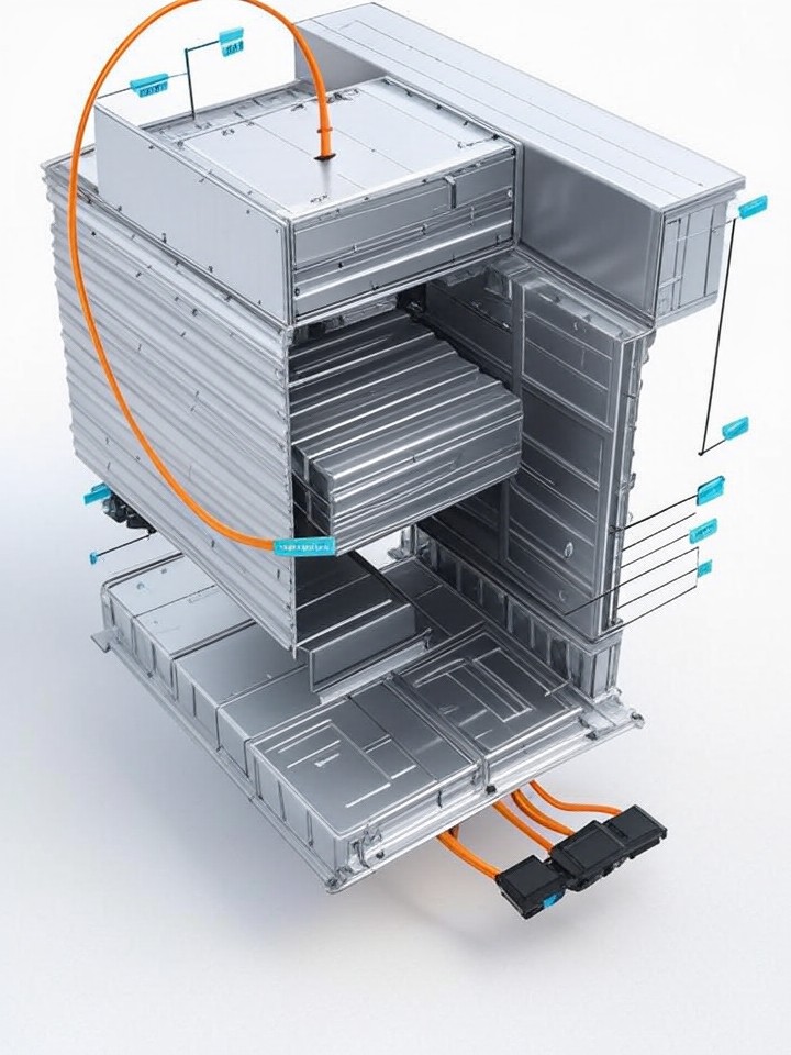 Rivian R1S 12V Battery and DC-DC Converter Failure technical blueprint illustration for Las Vegas repair service - detailed component schematic with orange accent highlights