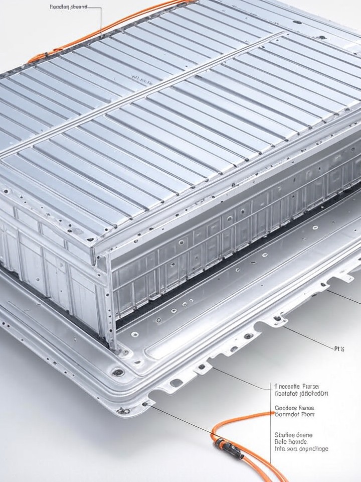 Rivian R1S Battery Cell Module Repair technical blueprint illustration for Las Vegas repair service - detailed component schematic with orange accent highlights