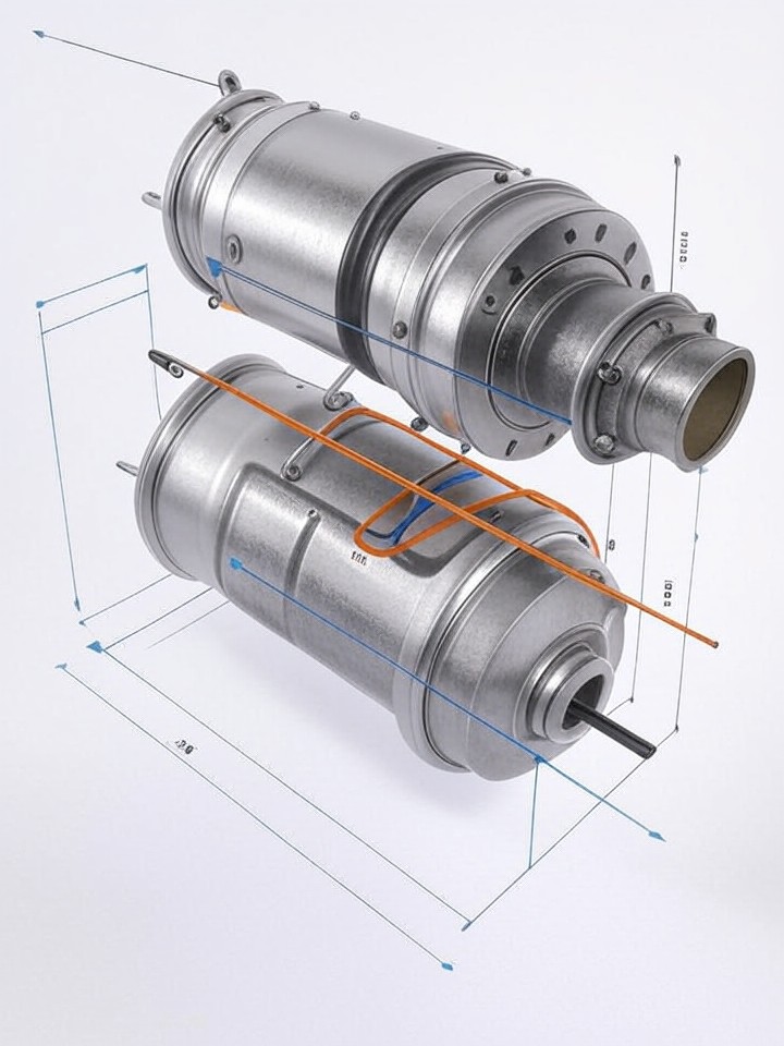 Rivian R1S Catalytic Converter Theft for Hybrids technical blueprint illustration for Las Vegas repair service - detailed component schematic with orange accent highlights