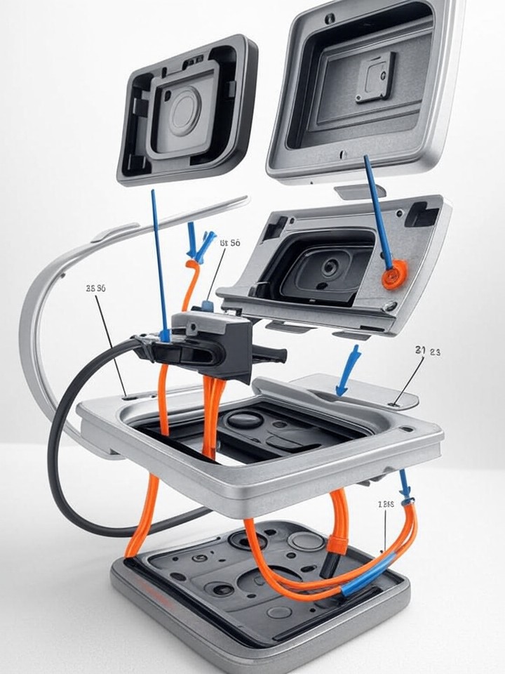 Rivian R1S Charging Port Latch Repair technical blueprint illustration for Las Vegas repair service - detailed component schematic with orange accent highlights