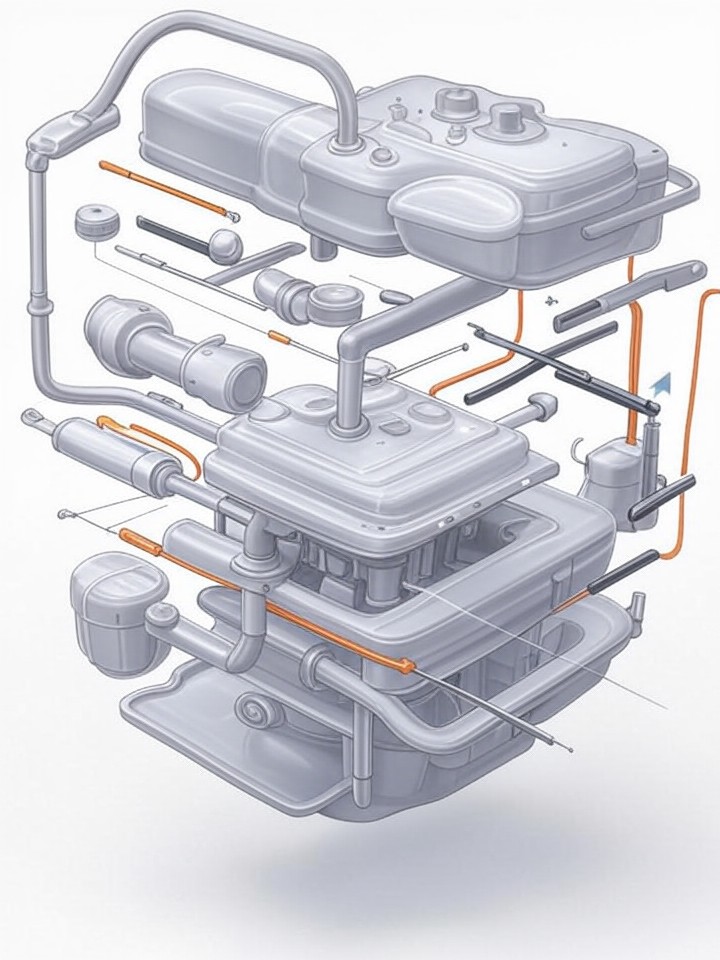 Rivian R1S Coolant Pump Leaks technical blueprint illustration for Las Vegas repair service - detailed component schematic with orange accent highlights