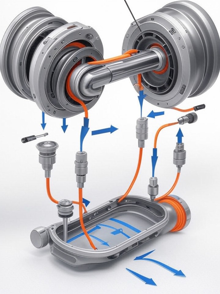 Rivian R1S CV Joint and Half-Shaft Shudder technical blueprint illustration for Las Vegas repair service - detailed component schematic with orange accent highlights
