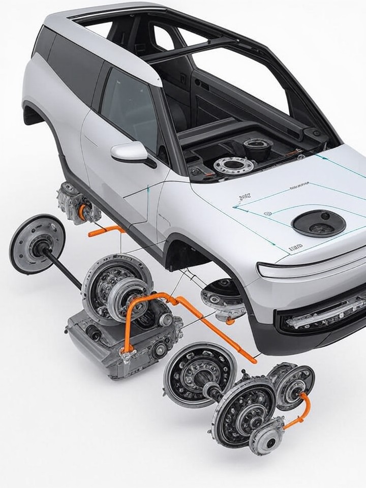 Rivian R1S Door Handle Motor Failure technical blueprint illustration for Las Vegas repair service - detailed component schematic with orange accent highlights