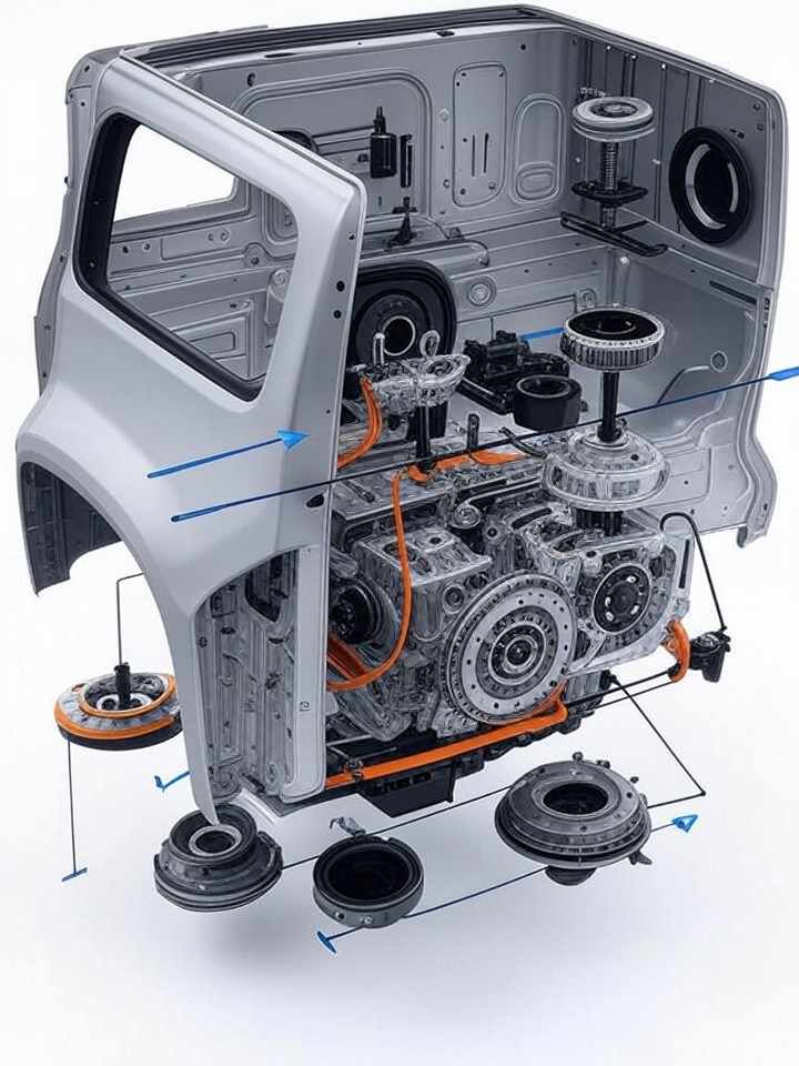 Rivian R1S Drive Unit and Electric Motor Failure technical blueprint illustration for Las Vegas repair service - detailed component schematic with orange accent highlights