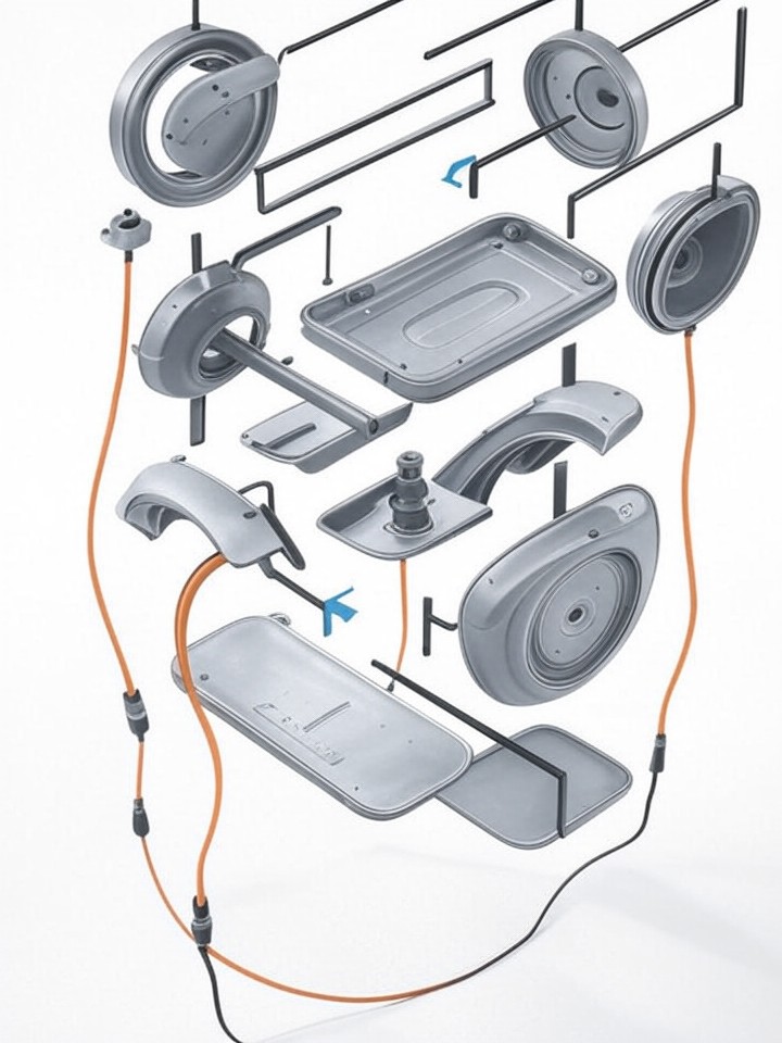 Rivian R1S Electronic Parking Brake Seizure technical blueprint illustration for Las Vegas repair service - detailed component schematic with orange accent highlights