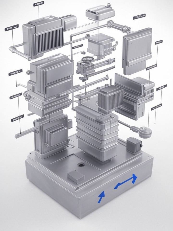 Rivian R1S Heat Pump and AC Compressor Failure technical blueprint illustration for Las Vegas repair service - detailed component schematic with orange accent highlights