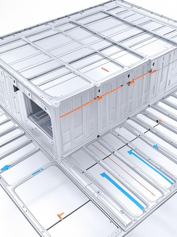 Rivian R1S High Voltage Battery Replacement technical blueprint illustration for Las Vegas repair service - detailed component schematic with orange accent highlights