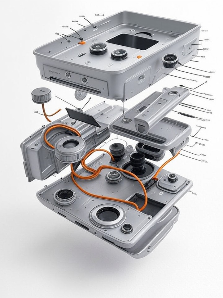 Rivian R1S Instrument Cluster Delamination technical blueprint illustration for Las Vegas repair service - detailed component schematic with orange accent highlights