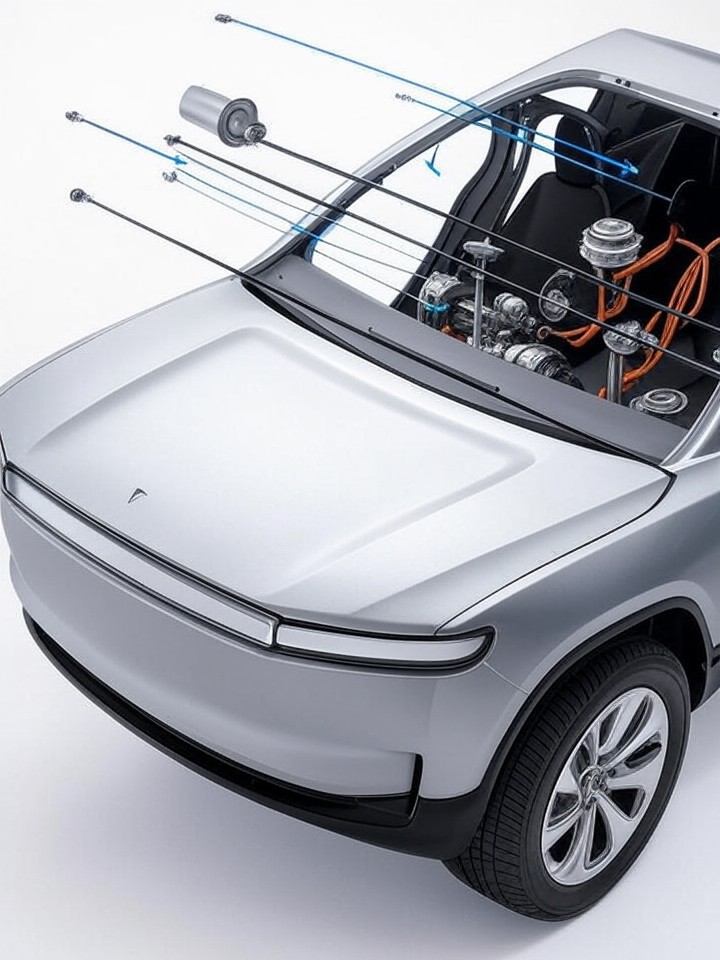 Rivian R1S Insurance Deductible Financing technical blueprint illustration for Las Vegas repair service - detailed component schematic with orange accent highlights