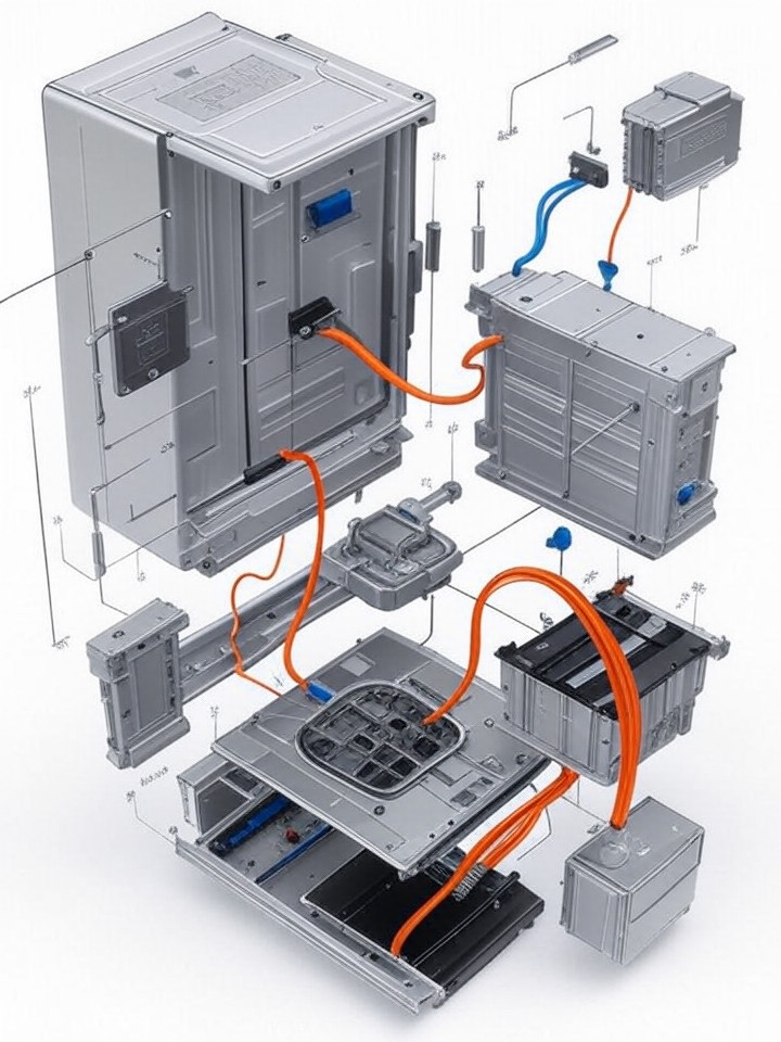 Rivian R1S Inverter Assembly Failure technical blueprint illustration for Las Vegas repair service - detailed component schematic with orange accent highlights