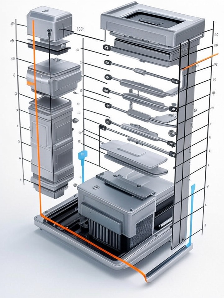 Rivian R1S Main Contactor and Pyrofuse Replacement technical blueprint illustration for Las Vegas repair service - detailed component schematic with orange accent highlights