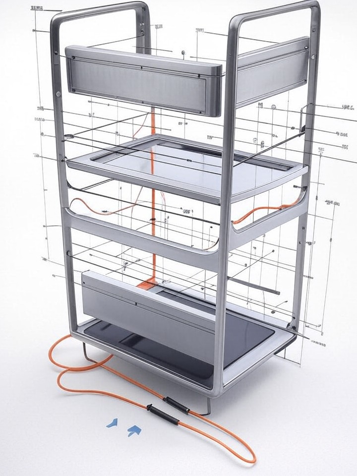 Rivian R1S Media Control Unit Failure technical blueprint illustration for Las Vegas repair service - detailed component schematic with orange accent highlights