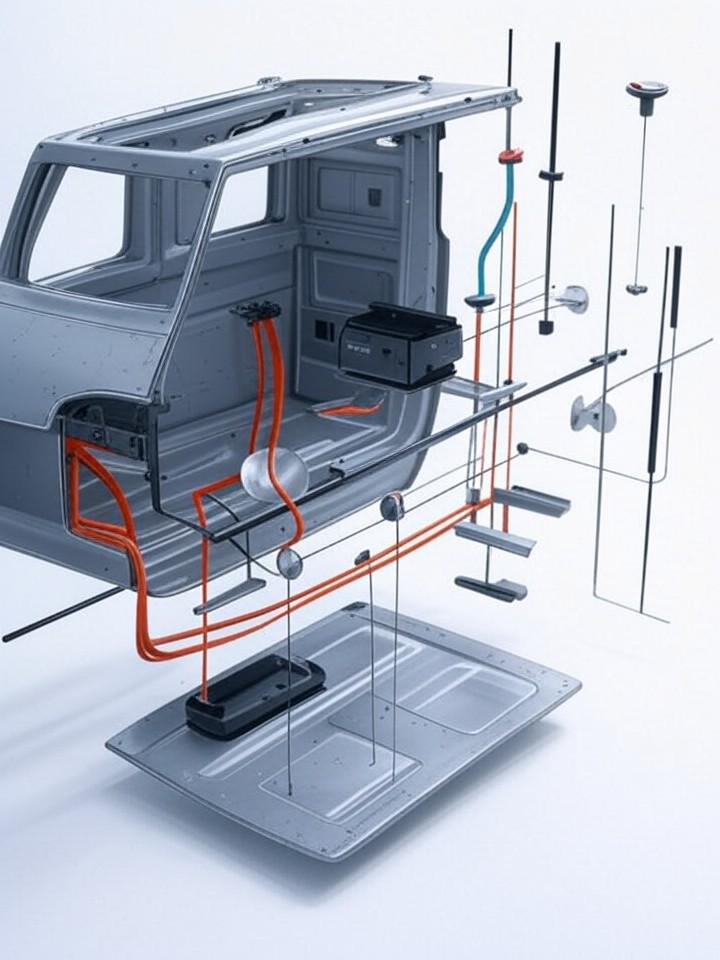 Rivian R1S Onboard Charger Failure technical blueprint illustration for Las Vegas repair service - detailed component schematic with orange accent highlights