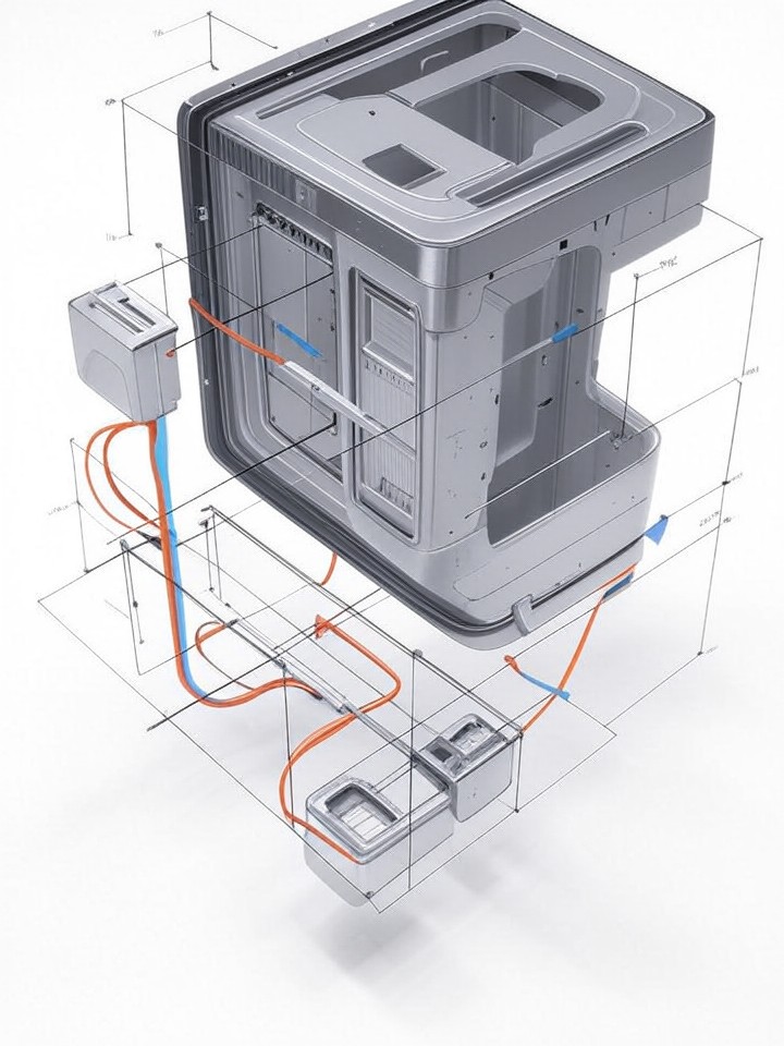 Rivian R1S PTC Heater Failure technical blueprint illustration for Las Vegas repair service - detailed component schematic with orange accent highlights