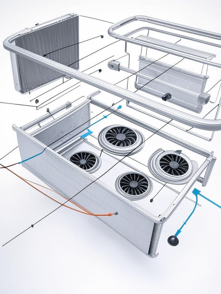 Rivian R1S Radiator and Condenser Fan Failure technical blueprint illustration for Las Vegas repair service - detailed component schematic with orange accent highlights