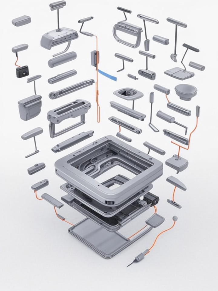 Rivian R1S Supermanifold and Octovalve Failure technical blueprint illustration for Las Vegas repair service - detailed component schematic with orange accent highlights