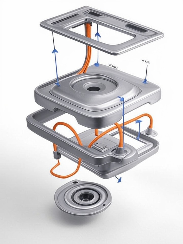 Rivian R1S Window Regulator Failure technical blueprint illustration for Las Vegas repair service - detailed component schematic with orange accent highlights