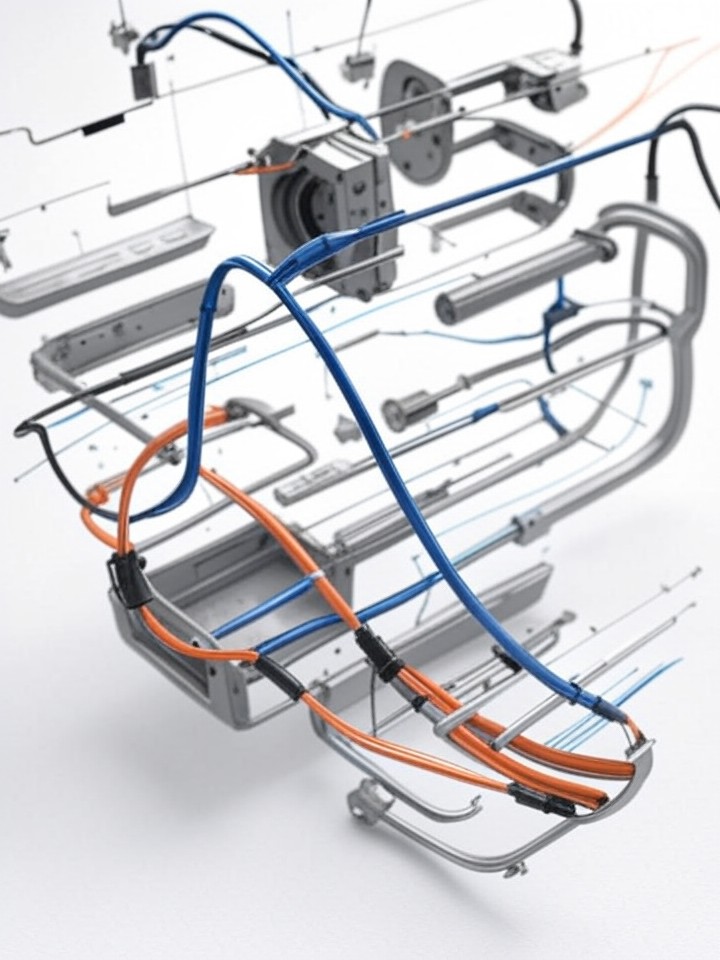 Rivian R1S Wiring Harness Damage Repair technical blueprint illustration for Las Vegas repair service - detailed component schematic with orange accent highlights