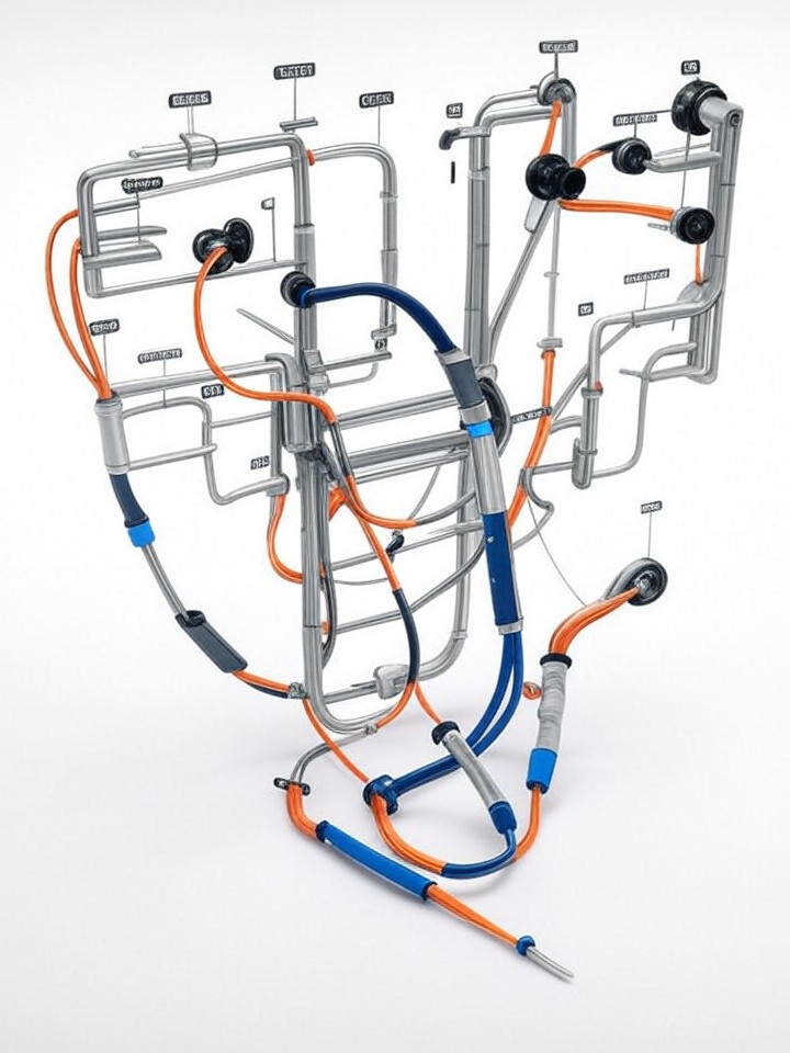 Rivian R1T Wiring Harness Damage Repair technical blueprint illustration for Las Vegas repair service - detailed component schematic with orange accent highlights