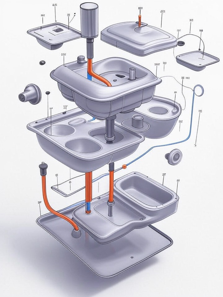 Tesla Model 3 Coolant Pump Leaks technical blueprint illustration for Austin repair service - detailed component schematic with orange accent highlights