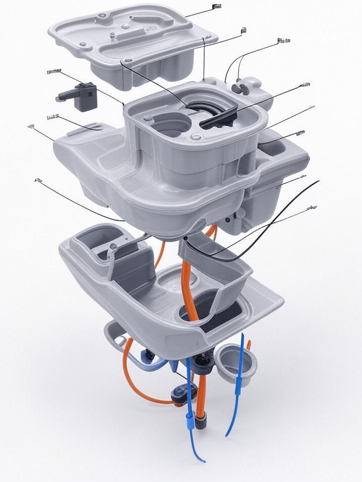 Tesla Model 3 Coolant Pump Leaks technical blueprint illustration for Los Angeles repair service - detailed component schematic with orange accent highlights