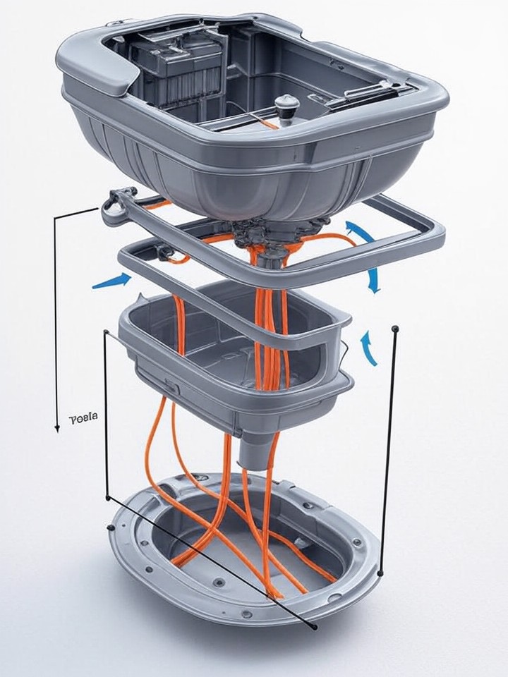 Tesla Model 3 Coolant Pump Leaks technical blueprint illustration for Miami repair service - detailed component schematic with orange accent highlights