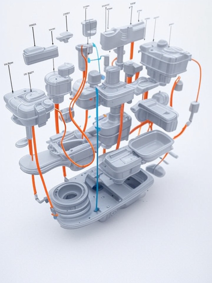 Tesla Model 3 Coolant Pump Leaks technical blueprint illustration for San Francisco repair service - detailed component schematic with orange accent highlights