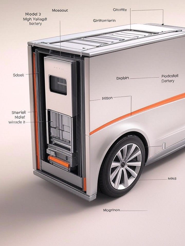 Tesla Model 3 High Voltage Battery Replacement technical blueprint illustration - detailed component schematic with orange accent highlights
