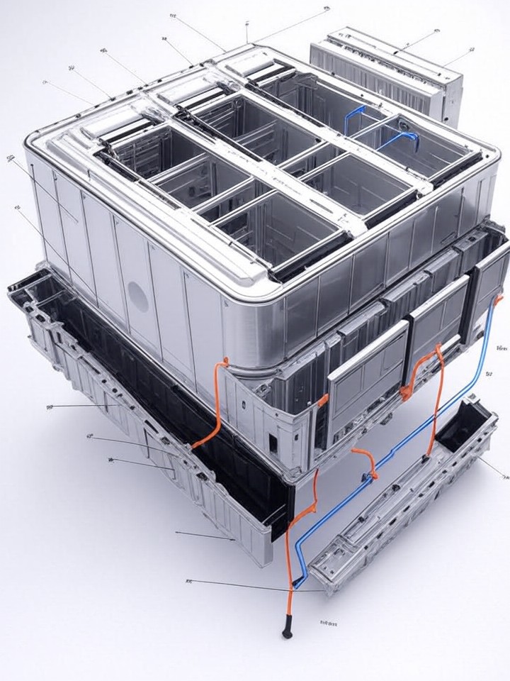 Tesla Model S 12V Battery and DC-DC Converter Failure technical blueprint illustration for Los Angeles repair service - detailed component schematic with orange accent highlights