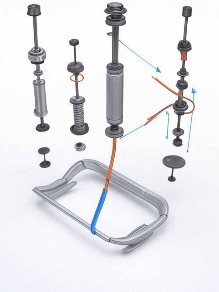 Tesla Model S Air Suspension Strut Collapse technical blueprint illustration for Los Angeles repair service - detailed component schematic with orange accent highlights