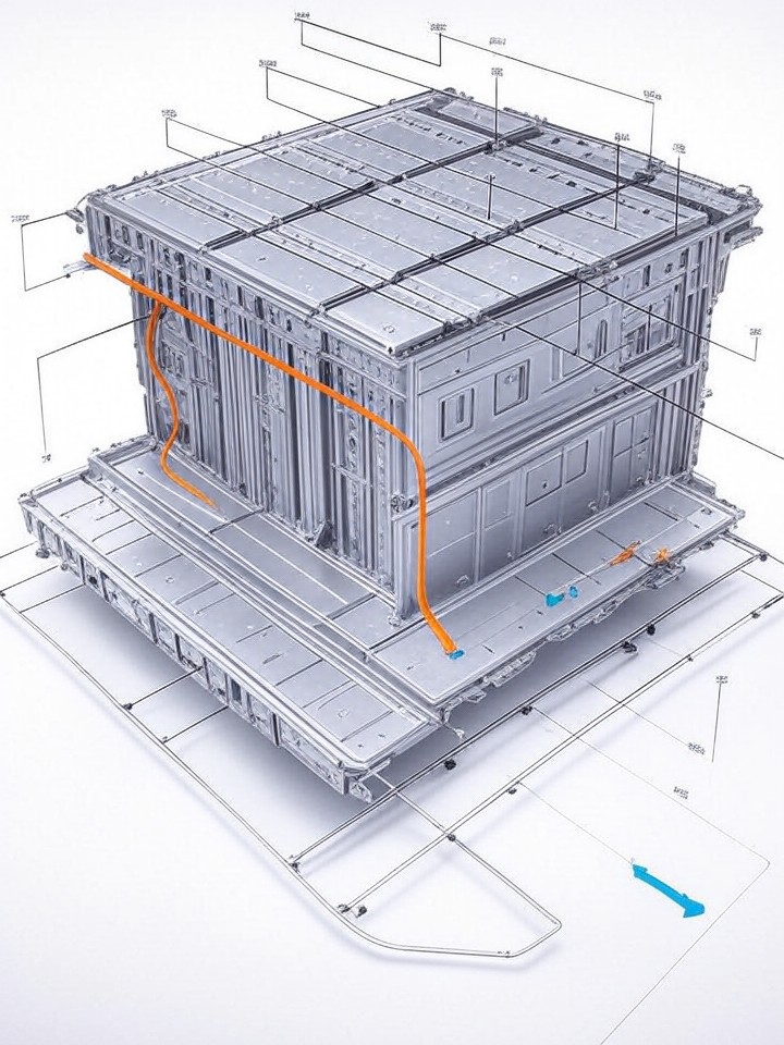 Tesla Model S Battery Cell Module Repair technical blueprint illustration for Los Angeles repair service - detailed component schematic with orange accent highlights