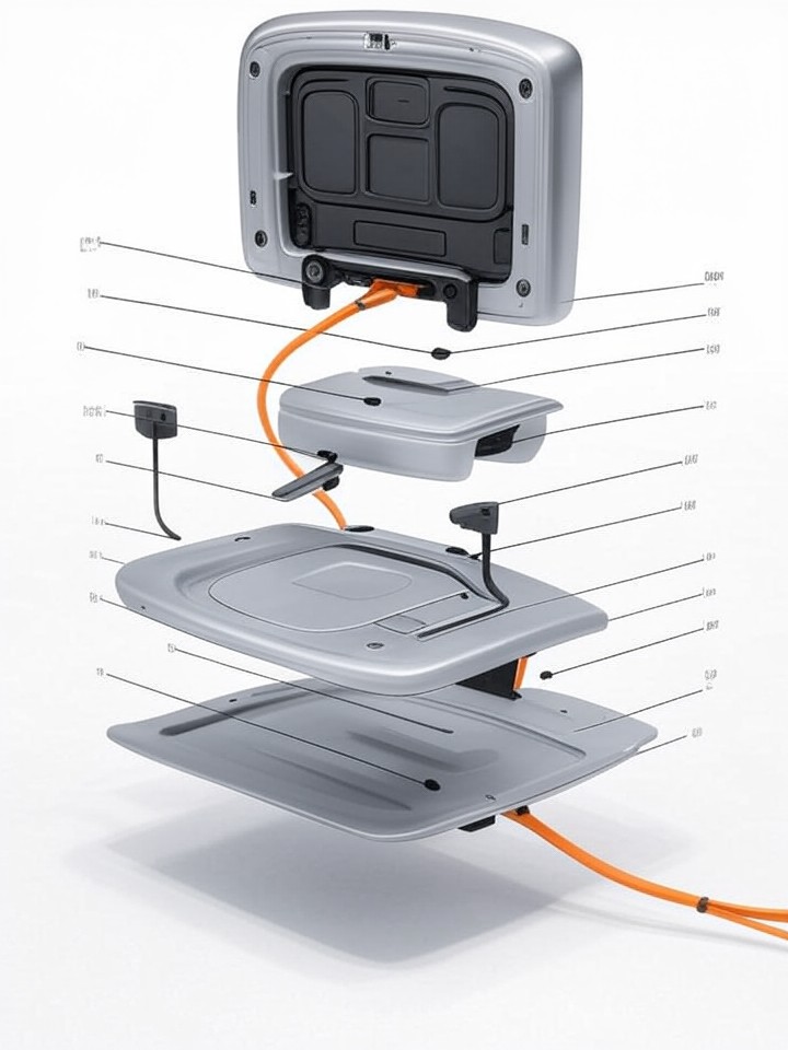Tesla Model S Charging Port Latch Repair technical blueprint illustration for Los Angeles repair service - detailed component schematic with orange accent highlights