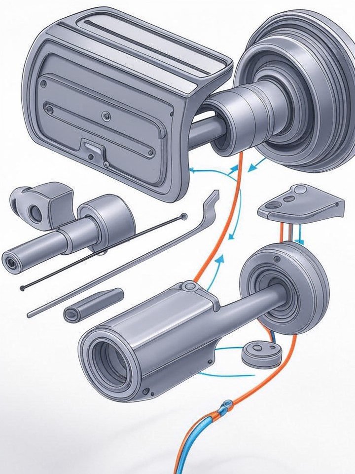 Tesla Model S Control Arm and Ball Joint Squeak technical blueprint illustration for Los Angeles repair service - detailed component schematic with orange accent highlights