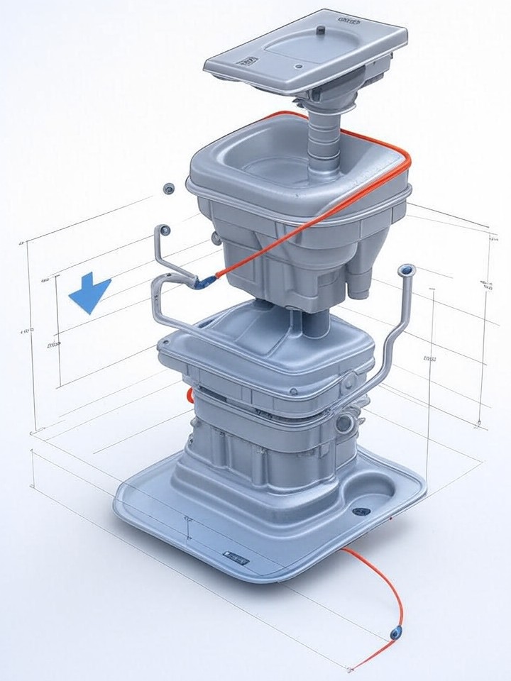 Tesla Model S Coolant Pump Leaks technical blueprint illustration for Los Angeles repair service - detailed component schematic with orange accent highlights