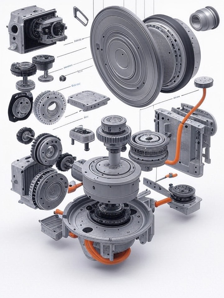 Tesla Model S Drive Unit and Electric Motor Failure technical blueprint illustration for Portland repair service - detailed component schematic with orange accent highlights