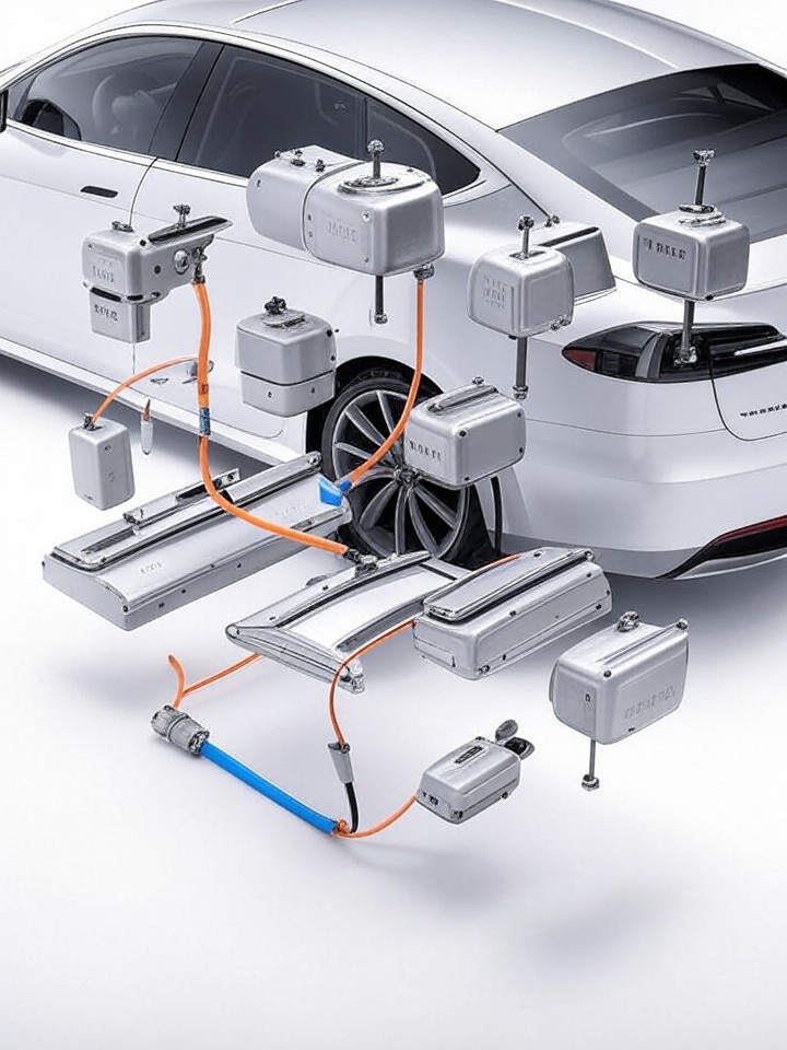Tesla Model S Electronic Parking Brake Seizure technical blueprint illustration for Los Angeles repair service - detailed component schematic with orange accent highlights