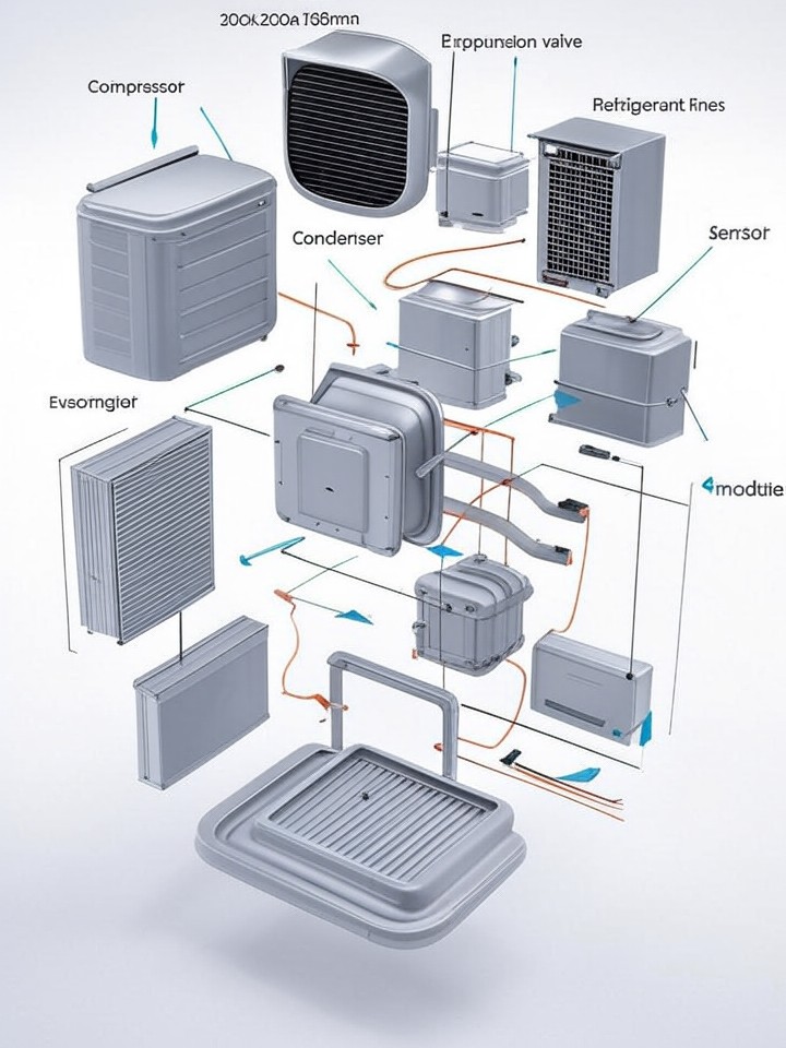 Tesla Model S Heat Pump and AC Compressor Failure technical blueprint illustration for Los Angeles repair service - detailed component schematic with orange accent highlights